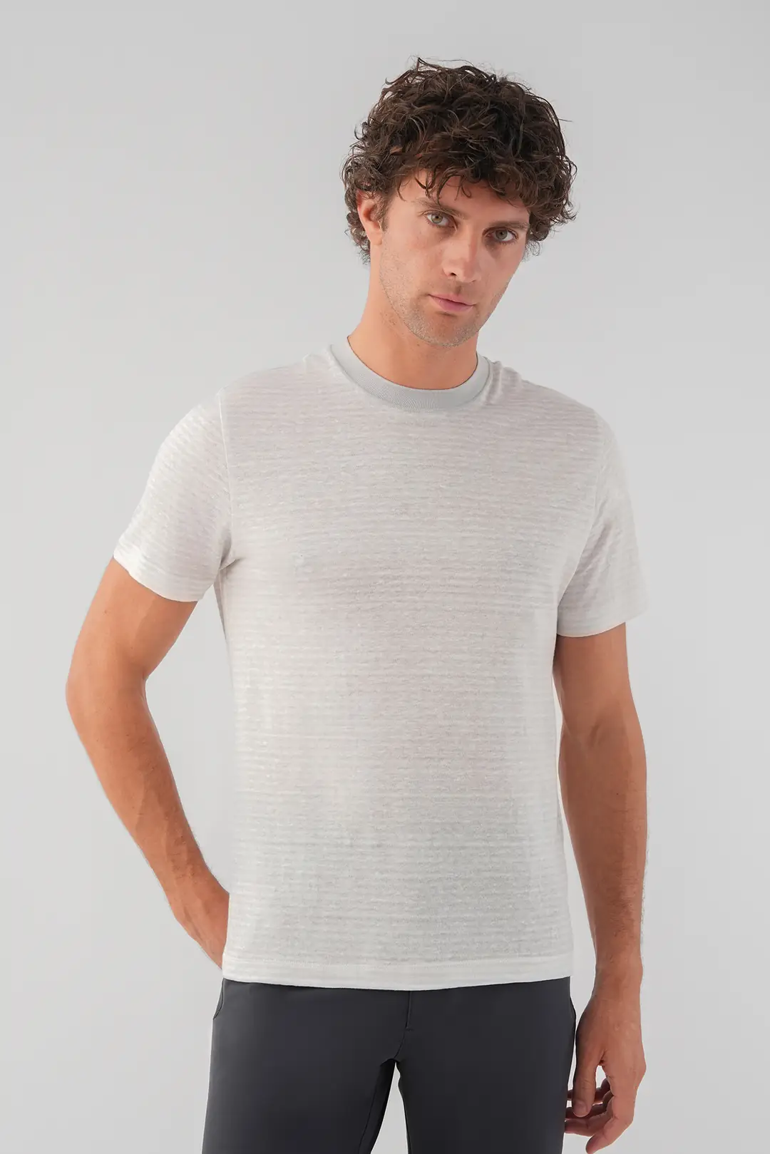 Çizgili Bisiklet Yaka Keten T-Shirt ürün görseli (5/7)