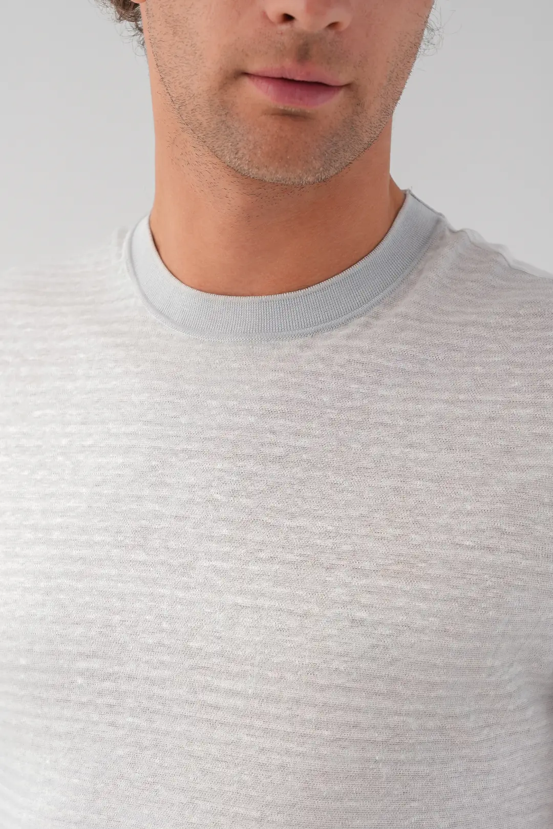 Çizgili Bisiklet Yaka Keten T-Shirt ürün görseli (4/7)