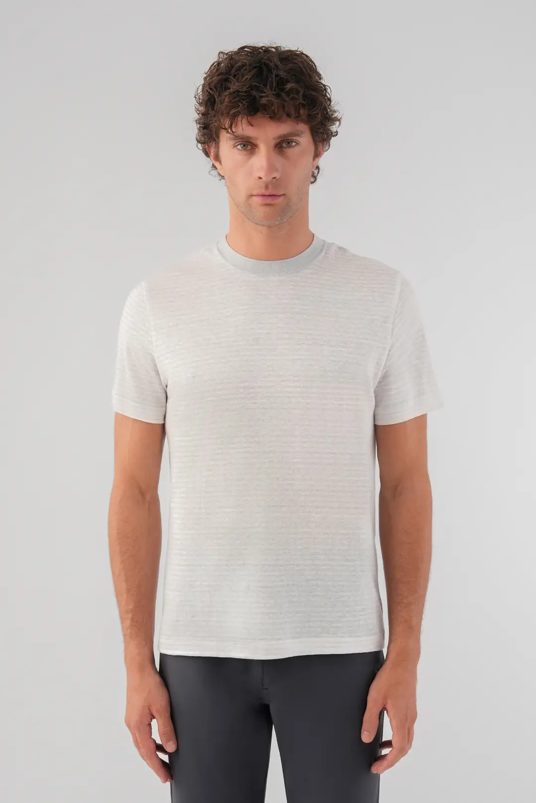  Çizgili Bisiklet Yaka Keten T-Shirt