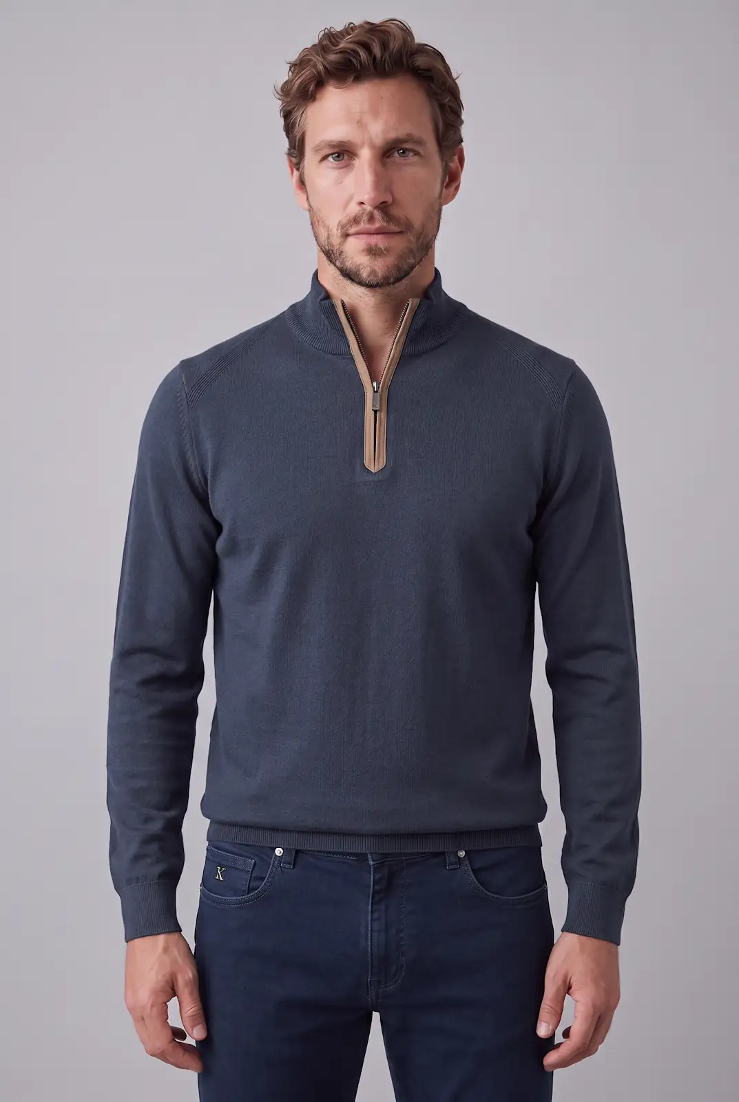  Half-Zip Mock Neck Knit with Suede Trim